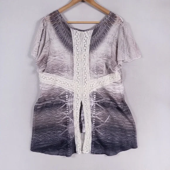 Energe World Wear Top Womens XL Gray White Crochet Lace Split Back Ombre Boho - Picture 3 of 10
